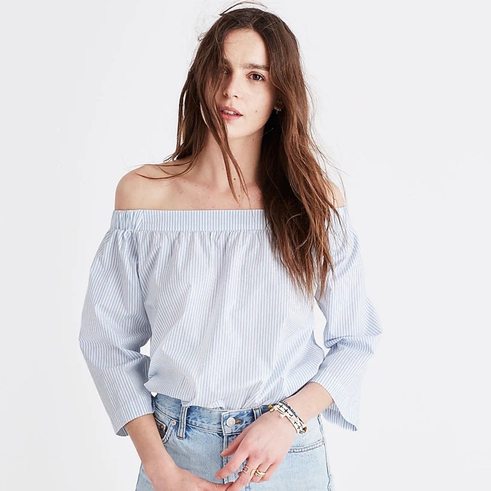 Madewell Clean Off-The-Shoulder Top in Stripe Blue Size Small